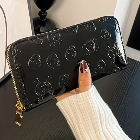 Handbags - Black Skeleton Embossed Women's Long Wallet Shiny Faux Patent Leather NWT